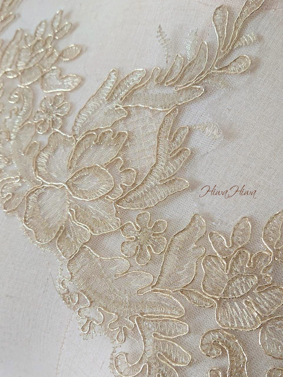 ゴールドコード刺繍 ブライダル チュールレース スカラップ 14㎝×3m 2枚目の画像