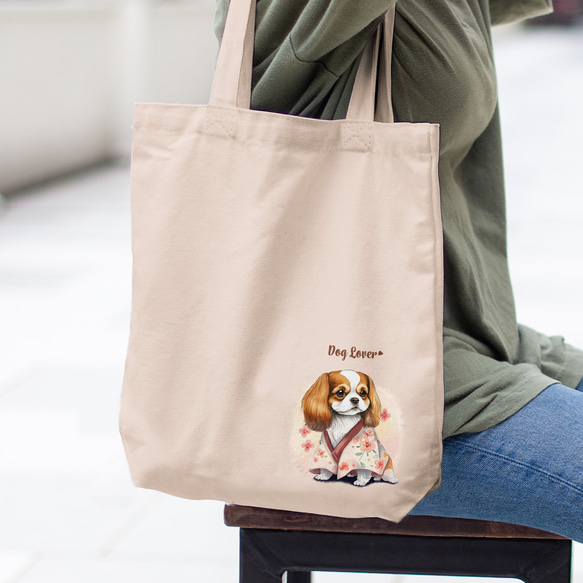 【 晴れ着姿の キャバリア 】 キャンバス トートバッグ　犬　ペット　うちの子　プレゼント　ギフト　母の日 1枚目の画像