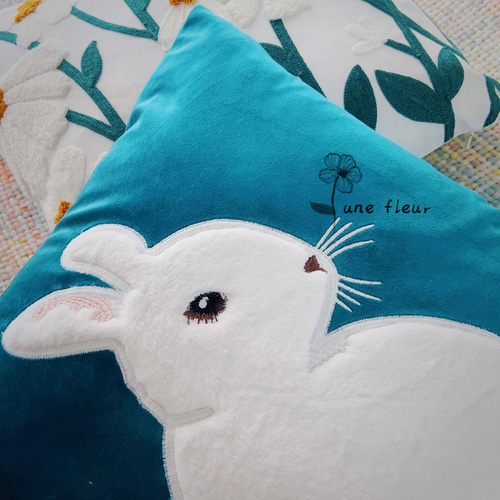 クッションカバーうさぎ3D刺繍45x45インテリア雑貨 厚手 韓国風