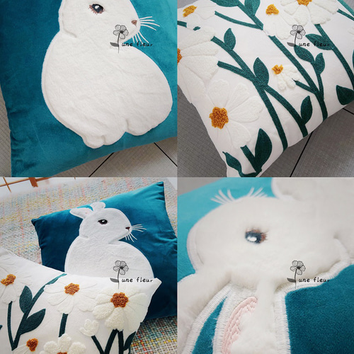 クッションカバーうさぎ3D刺繍45x45インテリア雑貨 厚手 韓国風