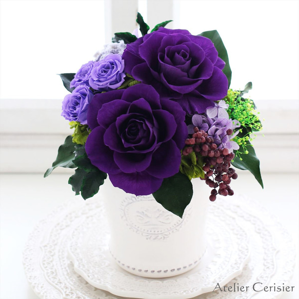 プリザーブドフラワー＜グレース Mサイズ＞パープル ローズ 【お祝い