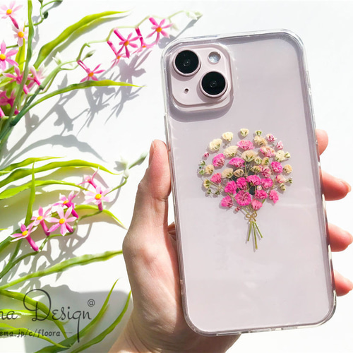 かすみ草・.｡*・:スマホケース・.｡*・: 押し花 ケース スマホ