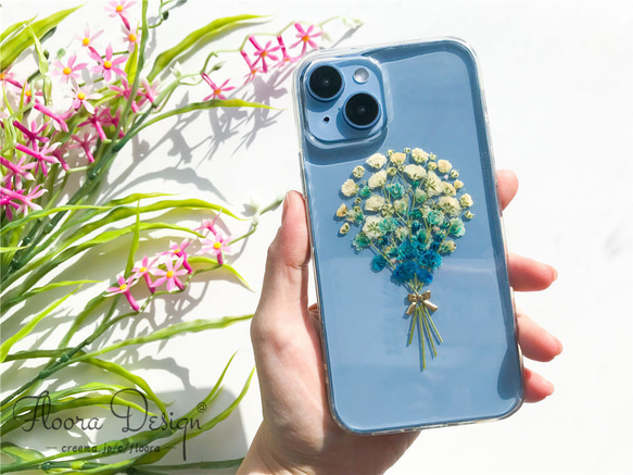 かすみ草･.｡*･:スマホケース･.｡*･:　押し花　ケース　スマホショルダー チェーンケース 全機種対応 1枚目の画像