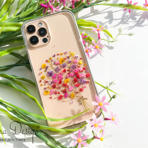 かすみ草・.｡*・:スマホケース・.｡*・: 押し花 ケース スマホ