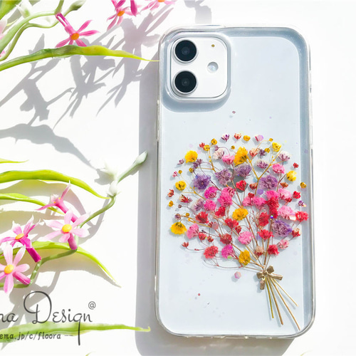 かすみ草・.｡*・:スマホケース・.｡*・: 押し花 ケース スマホ