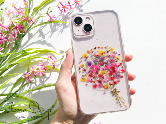 かすみ草･.｡*･:スマホケース･.｡*･:　押し花　ケース　スマホショルダー チェーンケース 全機種対応 1枚目の画像