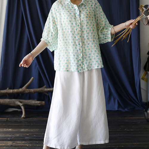 ドット柄 ブラウス トップス 半袖シャツ ブラウス 22107 緑 シャツ 喜