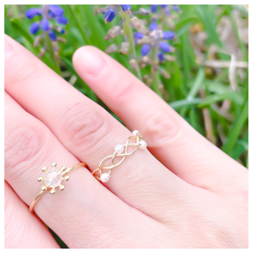 虹色フラワーと編みパールのワイヤーリング【2点セット】 指輪・リング