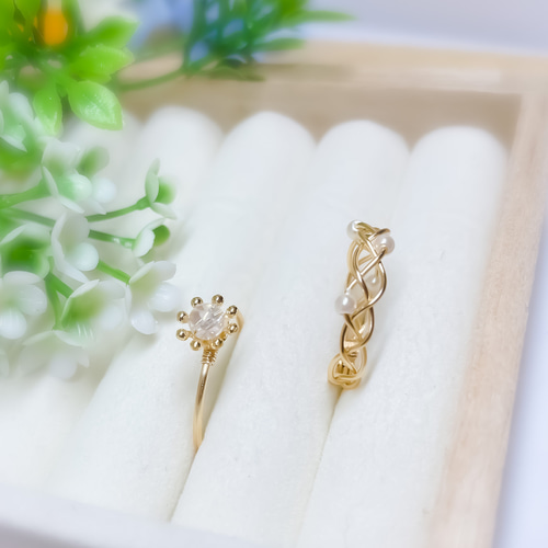 虹色フラワーと編みパールのワイヤーリング【2点セット】 指輪・リング