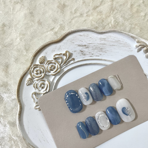 ブルー シルバー 青 ぷっくりネイル 塗りかけネイル ニュアンスネイル  