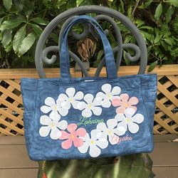 ハワイアンキルト　プルメリアの大きめトートバッグネイビー白D 11枚目の画像