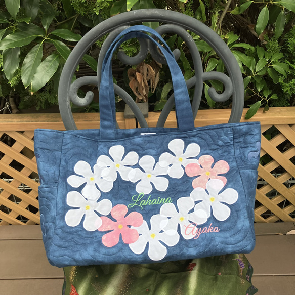 ハワイアンキルト　プルメリアの大きめトートバッグネイビー白D 11枚目の画像