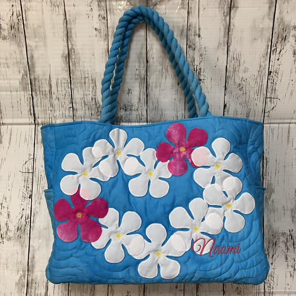 ハワイアンキルト　プルメリアの大きめトートバッグネイビー白D 14枚目の画像