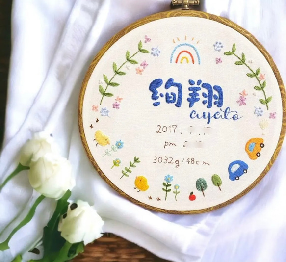 出産祝いに ꕤ︎︎ フルオーダー 手刺繍命名書 ꕤ︎︎ 刺繍 ボード 命名書ボード お誕生日 七五三 こどもの日 17枚目の画像