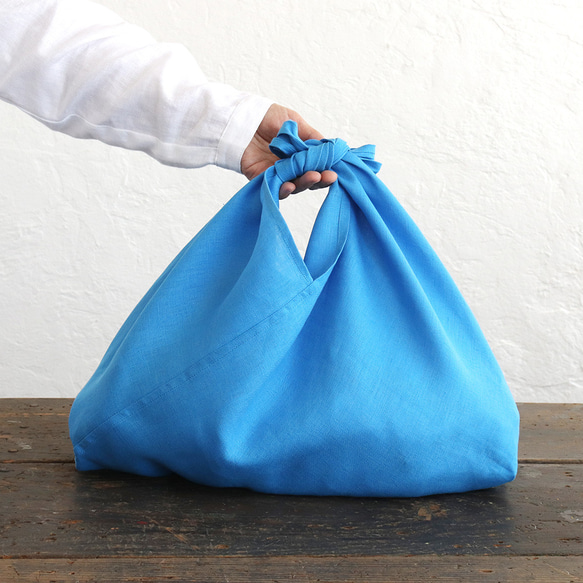 alinのあづま袋 M 50cm かごバッグに リネンあずま袋 マチ付き  （ブルー）. 3枚目の画像