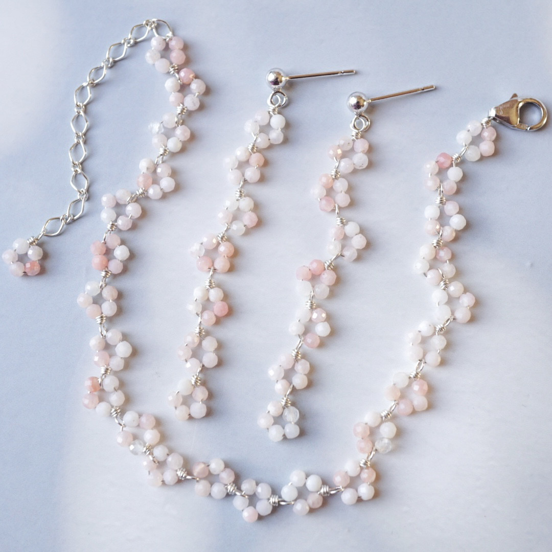 【お得セット】「桜の花冠」ピンクオパール 天然石 10月誕生石 春 ピアス イヤリング ブレスレット シルバー