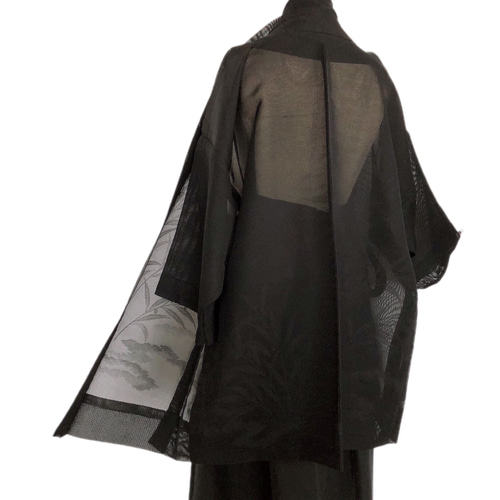 一点物 着物 リメイク カーディガン 黒antique kimono 貝合わせ