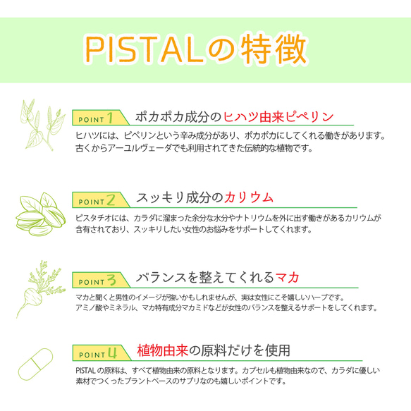 ピスタチオ・マカ・ヒハツ配合 PISTAL(ピスタル)植物由来のプラントベース サプリメント 6枚目の画像