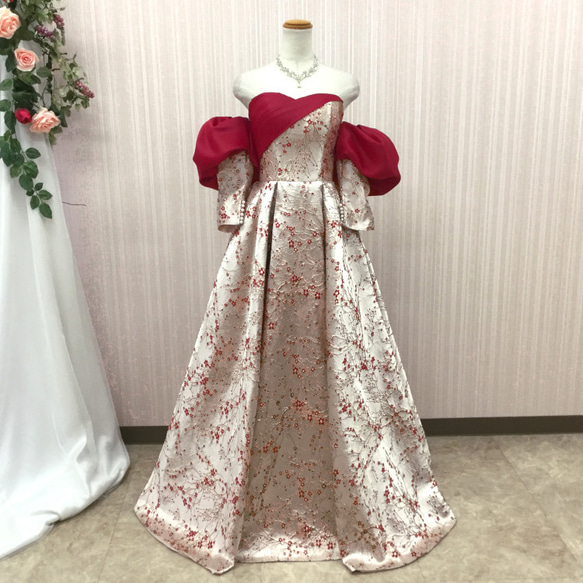 カラードレス ロングドレス 取り外し可能な袖付き 結婚式 演奏会用ドレス 織物生地 ピンク系×レッド　cd23515 5枚目の画像