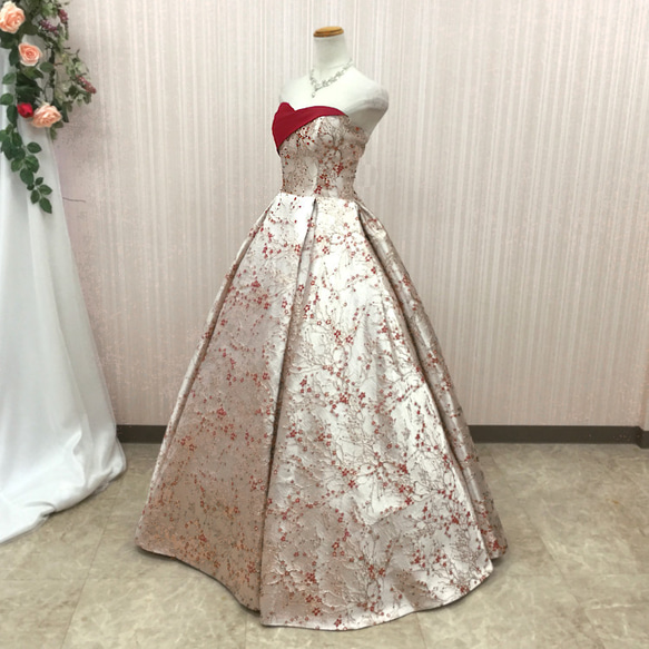 カラードレス ロングドレス 取り外し可能な袖付き 結婚式 演奏会用ドレス 織物生地 ピンク系×レッド　cd23515 4枚目の画像