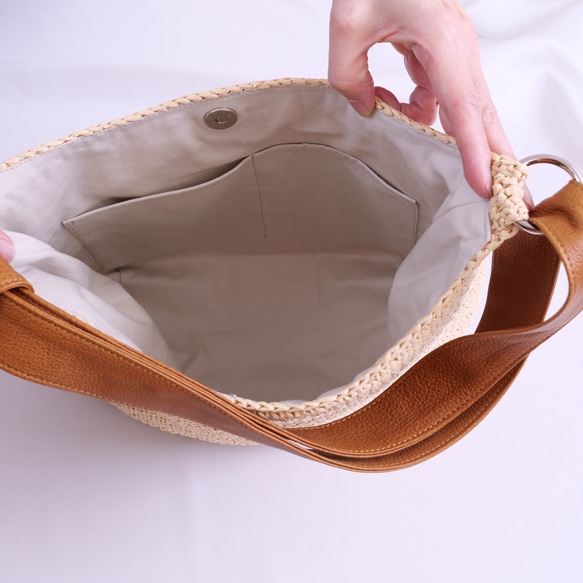 2wayかごバッグ　レザーショルダー　ナチュラル 6枚目の画像