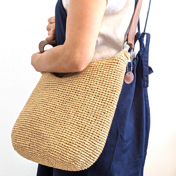 2wayかごバッグ　レザーショルダー　ナチュラル 1枚目の画像