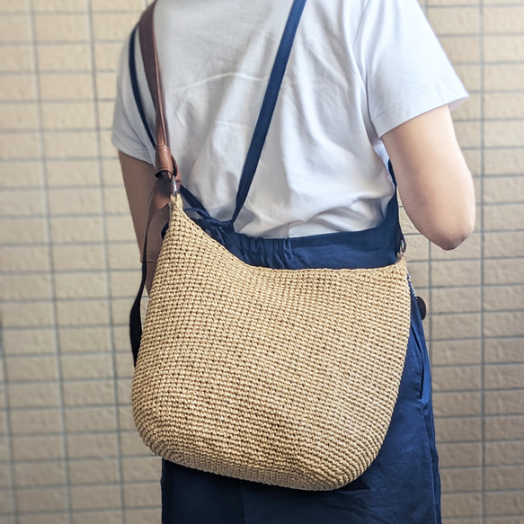 2wayかごバッグ　レザーショルダー　ナチュラル 2枚目の画像