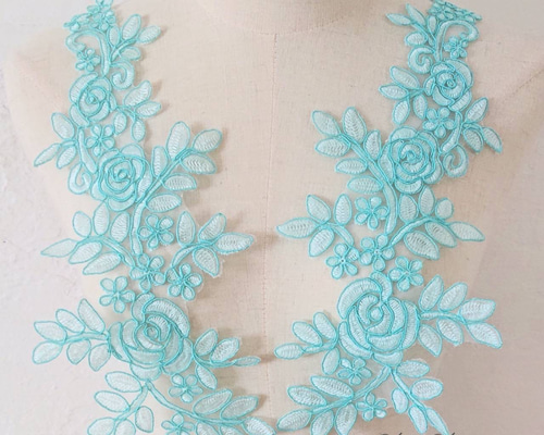【MACDUGGAL】花刺繍 ミントカラー フリルガウン ミントグリーン コードお花刺繍モチーフレース ペア ワッペン