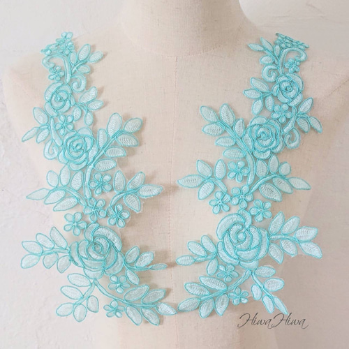 ミントグリーン コードお花刺繍モチーフレース ペア ワッペン