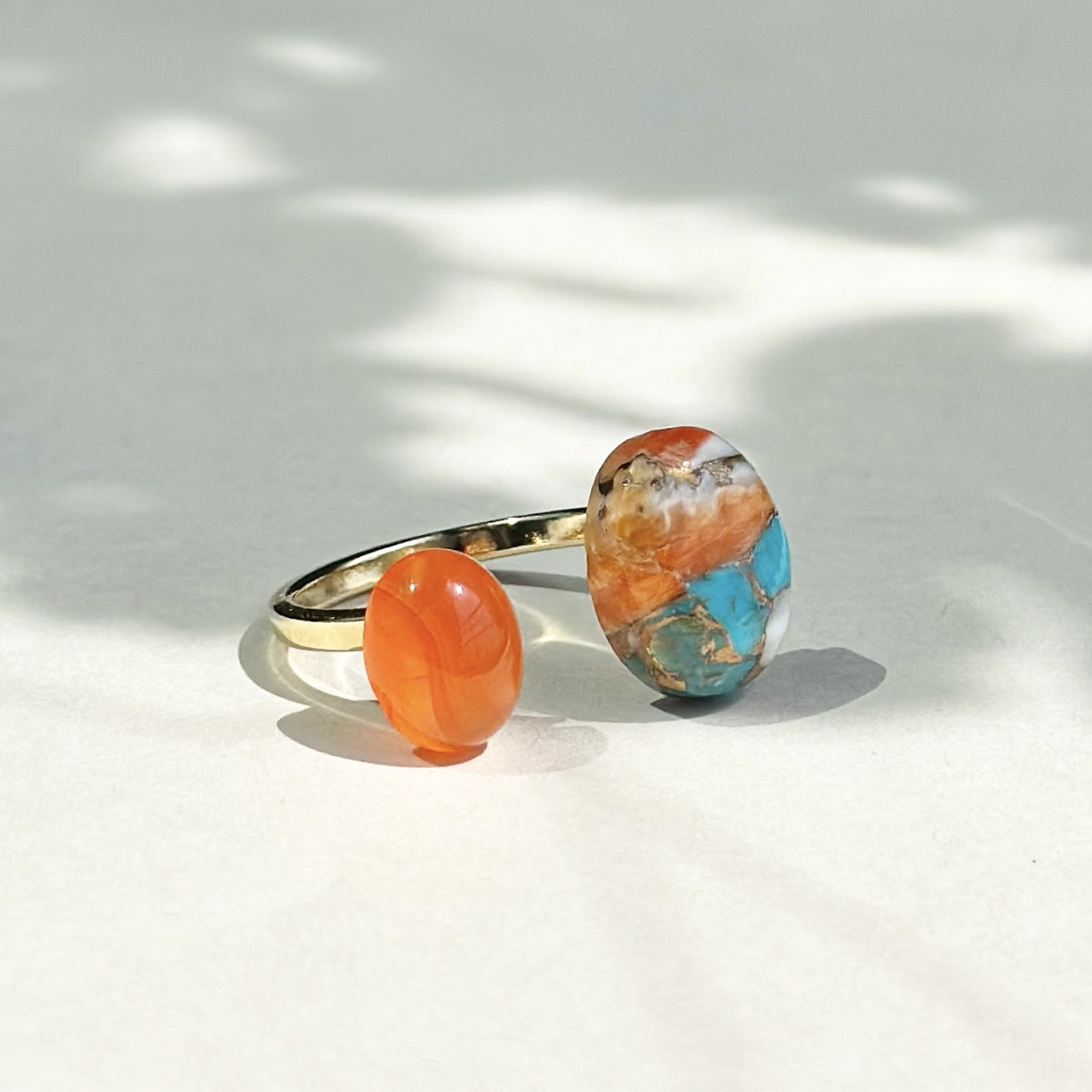 ターコイズ×カーネリアン フォークリング 天然石 シルバーあり/フリーサイズ
