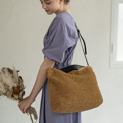 手編み かごバッグ 2way 手編み かごバッグ A4 ペーパー素材 トートバッグ PUレザー