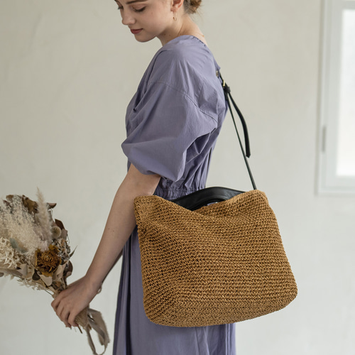 2way 手編み かごバッグ A4 ペーパー素材 トートバッグ PUレザー