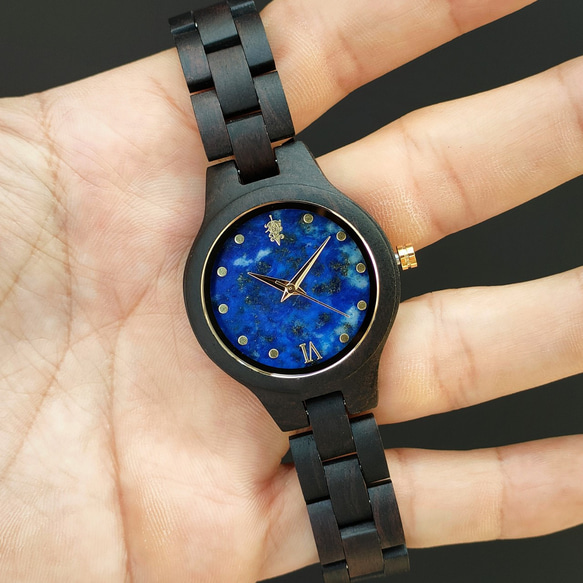 【木製腕時計】EINBAND Prima 天然石 ラピスラズリ エボニーウッド 木の時計 【34mm 】 5枚目の画像