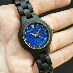 【木製腕時計】EINBAND Prima 天然石 ラピスラズリ エボニーウッド 木の時計 【34mm 】 4枚目の画像