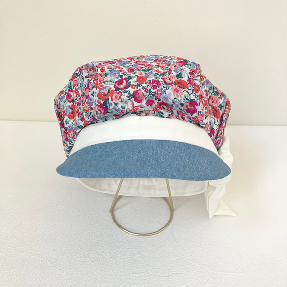 【ベビーキッズの帽子】小花とデニムのリボンキャスケット（こどもサイズ　ピンク） 5枚目の画像