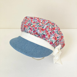 【ベビーキッズの帽子】小花とデニムのリボンキャスケット（こどもサイズ　ピンク） 4枚目の画像