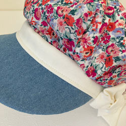【ベビーキッズの帽子】小花とデニムのリボンキャスケット（こどもサイズ　ピンク） 6枚目の画像