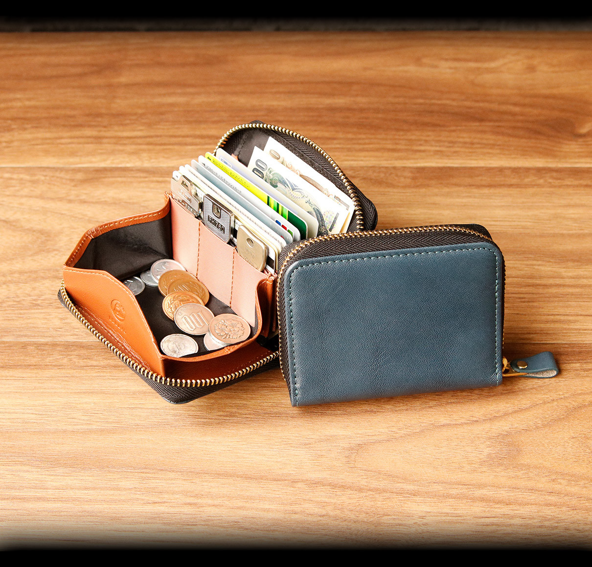 【SATTO】小さいのにお札が折れない！ラウンド型最小に挑む栃木レザーミニ財布 スキミング防止 Navy