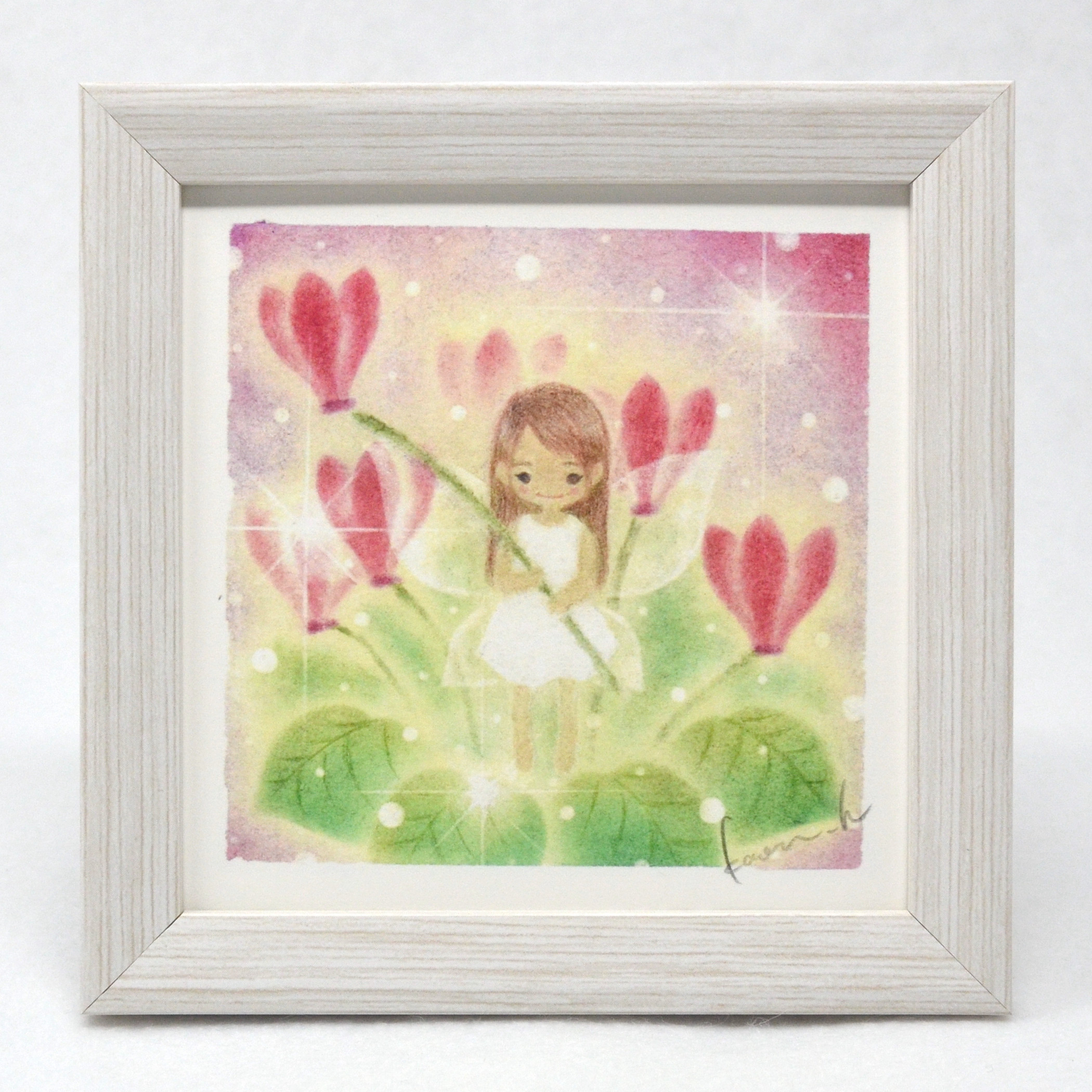 【お花の妖精　シクラメン】イラスト　グラスアート　水彩画　原画