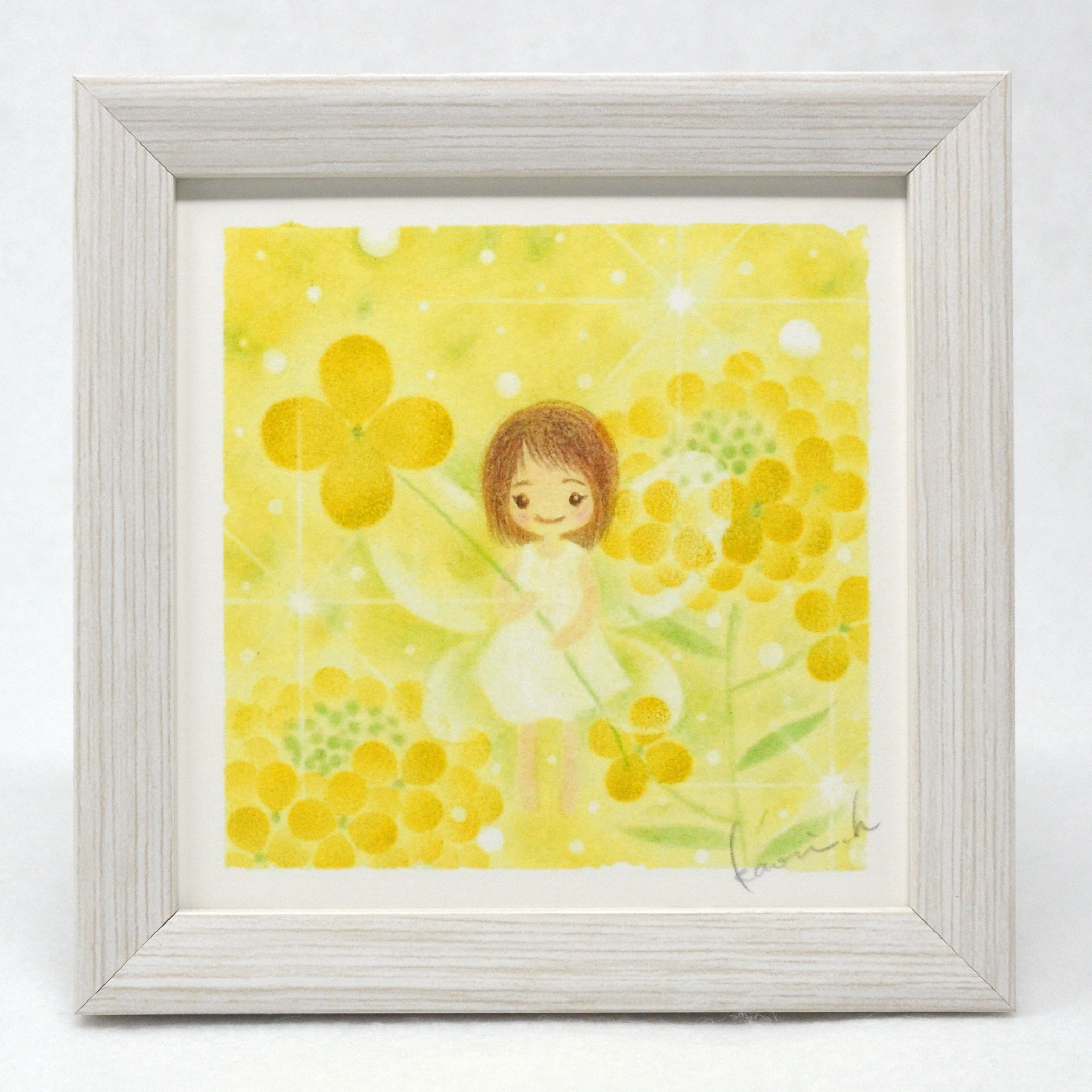 妖精 菜の花】複製画 額入り 卓上サイズ パステルアート 女の子