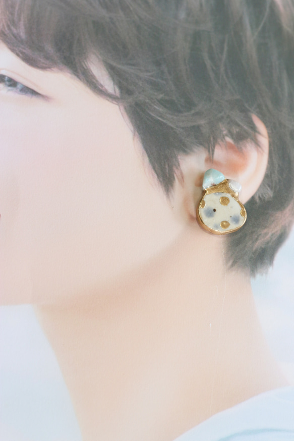 Shigaraki Pottery Kintsugi 鈦耳環圓點紋/Larimar 淡水珍珠復古摩登大號耳環傳統工藝大號 第8張的照片