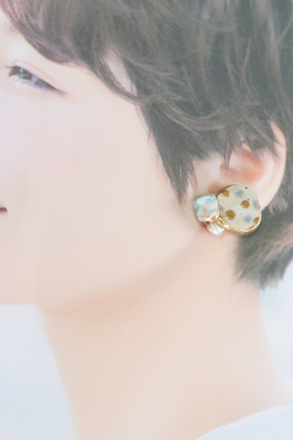 Shigaraki Pottery Kintsugi 鈦耳環圓點紋/Larimar 淡水珍珠復古摩登大號耳環傳統工藝大號 第7張的照片