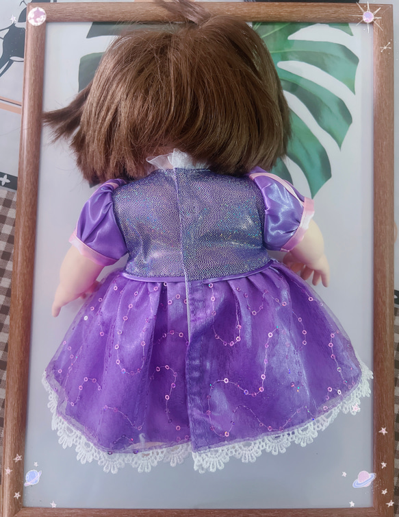 お風呂ぽぽちゃん用の服　柔らかい肌ぽぽゃん着られる服キラキラプリンセス　紫ドレス　キラキラプリンセスドレス 9枚目の画像