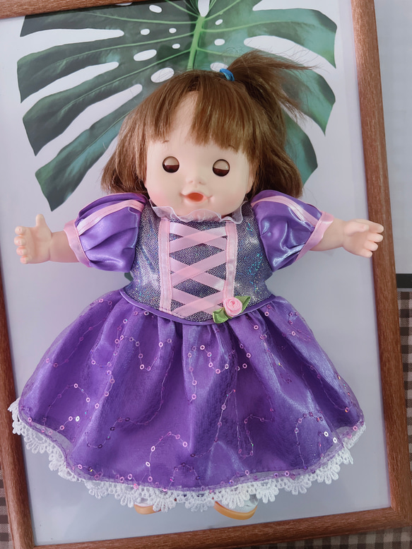 お風呂ぽぽちゃん用の服　柔らかい肌ぽぽゃん着られる服キラキラプリンセス　紫ドレス　キラキラプリンセスドレス 10枚目の画像