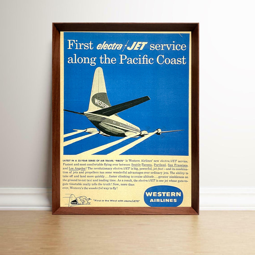 無料クーポン配布 アプリ ヴィンテージ アメリカ 1960年代 ウエスタン航空 雑誌 額付 広告 絵画