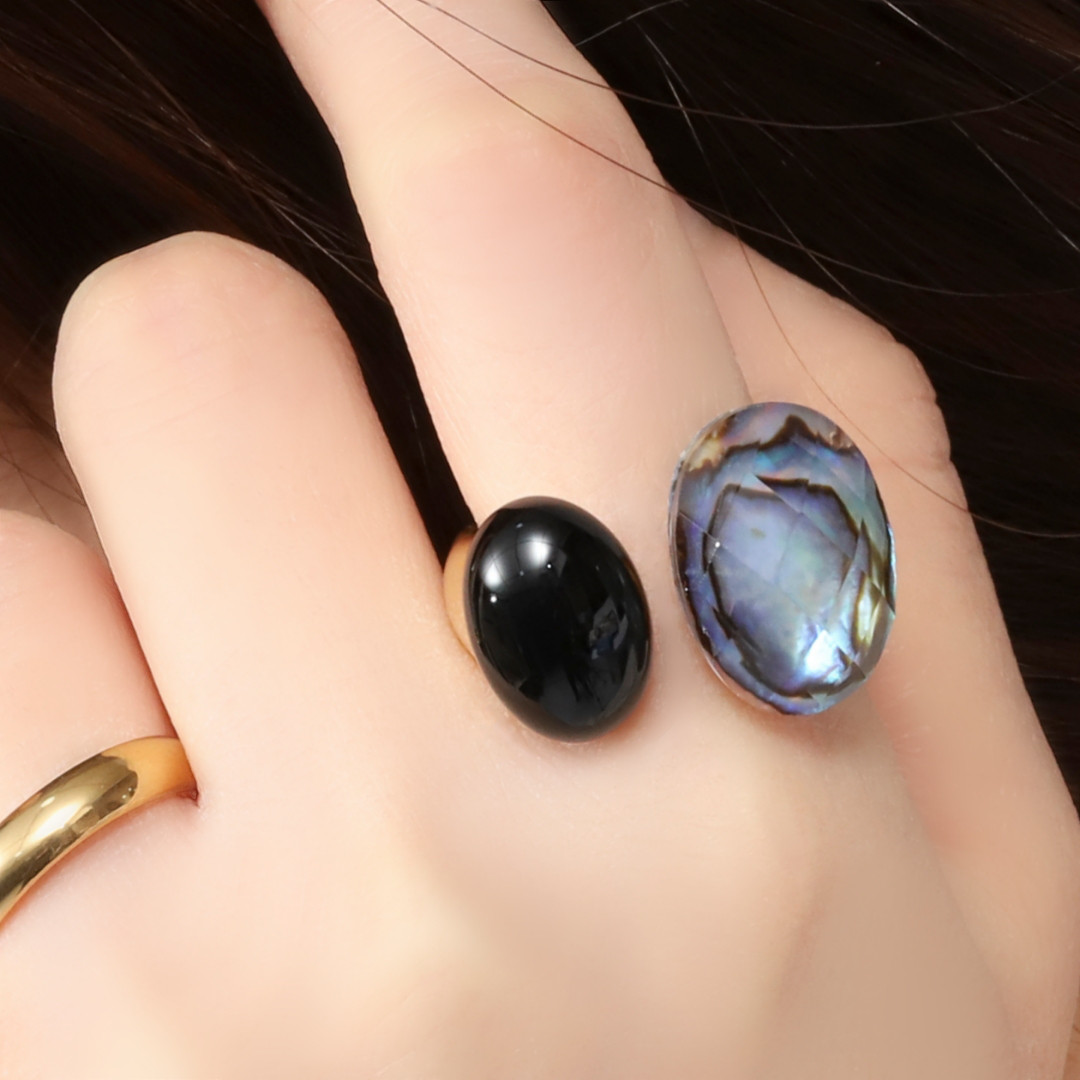 【再販10超】輝く『海』《アバロンシェル×オニキス》天然石フォークリング【サージカルステンレス】パウア貝◇アレルギー対応