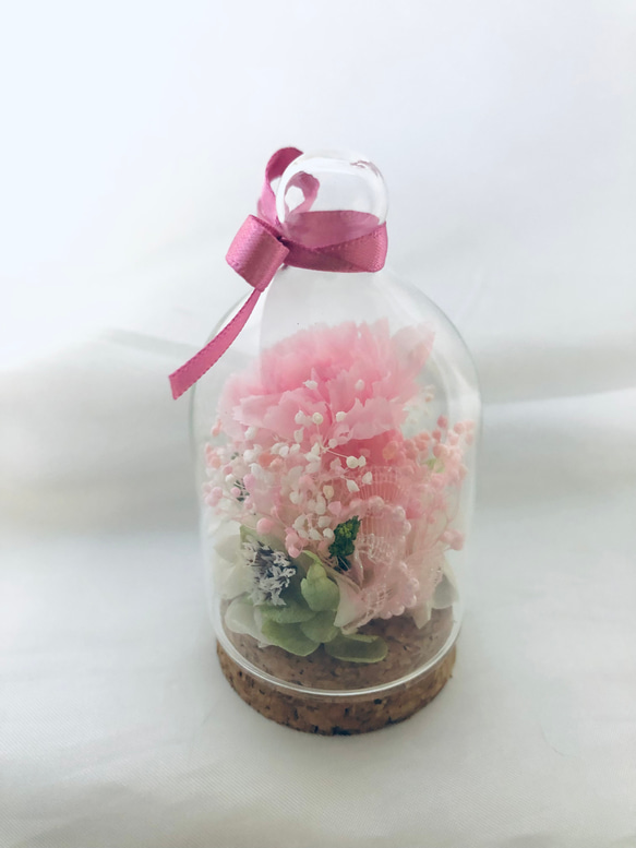 プリザーブドフラワー桜色のカーネーションミニガラスドーム 3枚目の画像