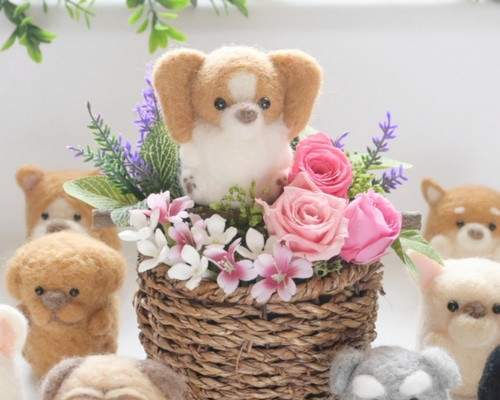 羊毛フェルトパグとプリザーブドフラワー⑥