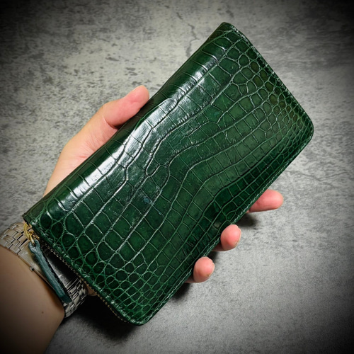 クロコダイル 長財布 ダークグリーン 本革 ワニ革 ゴールド