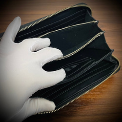 クロコダイル × パイソン 長財布 シャイニング加工 一枚革 カード１５枚収納 ダークグリーン 緑 メンズ財布 ワニ 8枚目の画像